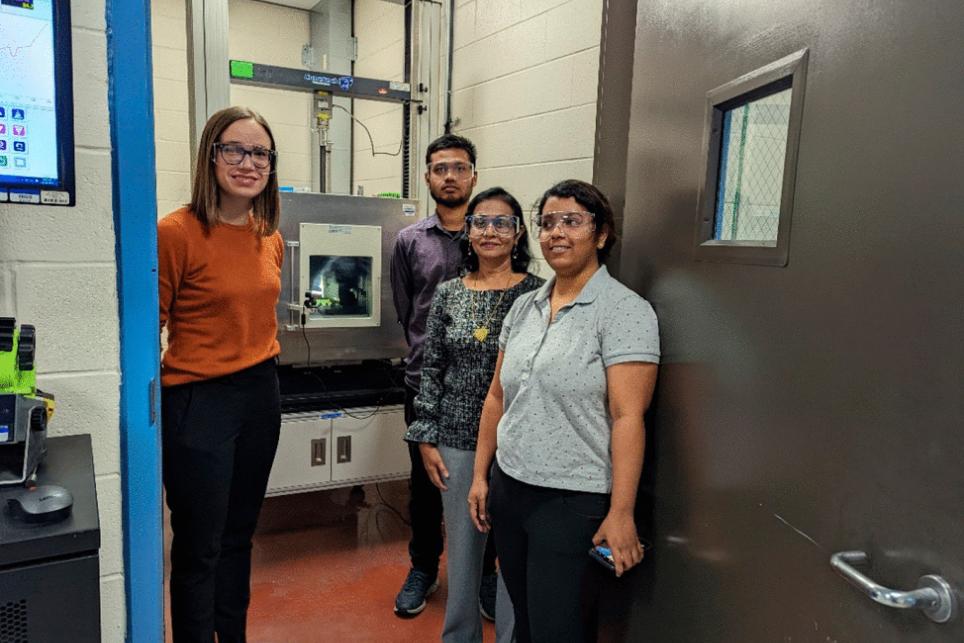 From left to right: Dr. Taina Rauhala, research scientist, UL Research Institutes; Toukir Hasan, graduate student, Purdue University; Dr. Judy Jeevarajan, vice president and executive director, Electrochemical Safety Research Institute; and Maria Terese, graduate student, Purdue University